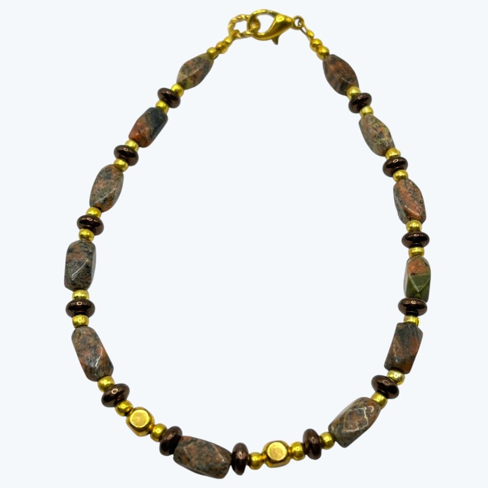 Artisan Beaded Bracelet Unakite Jasper Stone Earth Gold Tone Faceted Dainty Boho